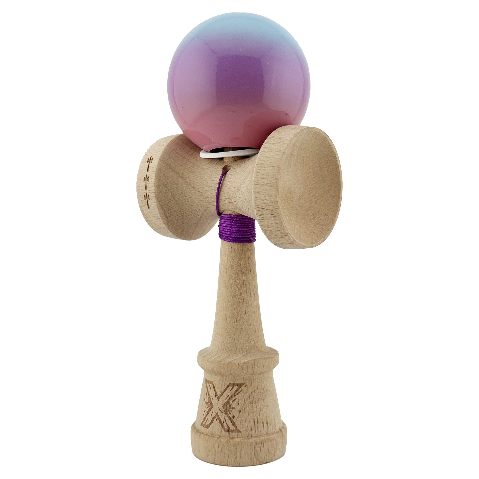 Kendama X Originala, Model V3 Albastru / Mov / Roz in Degrade, Profesionala, Cupe Mari King Size, Super Sticky, Gaura in Baza, Rulment, Ata 62cm