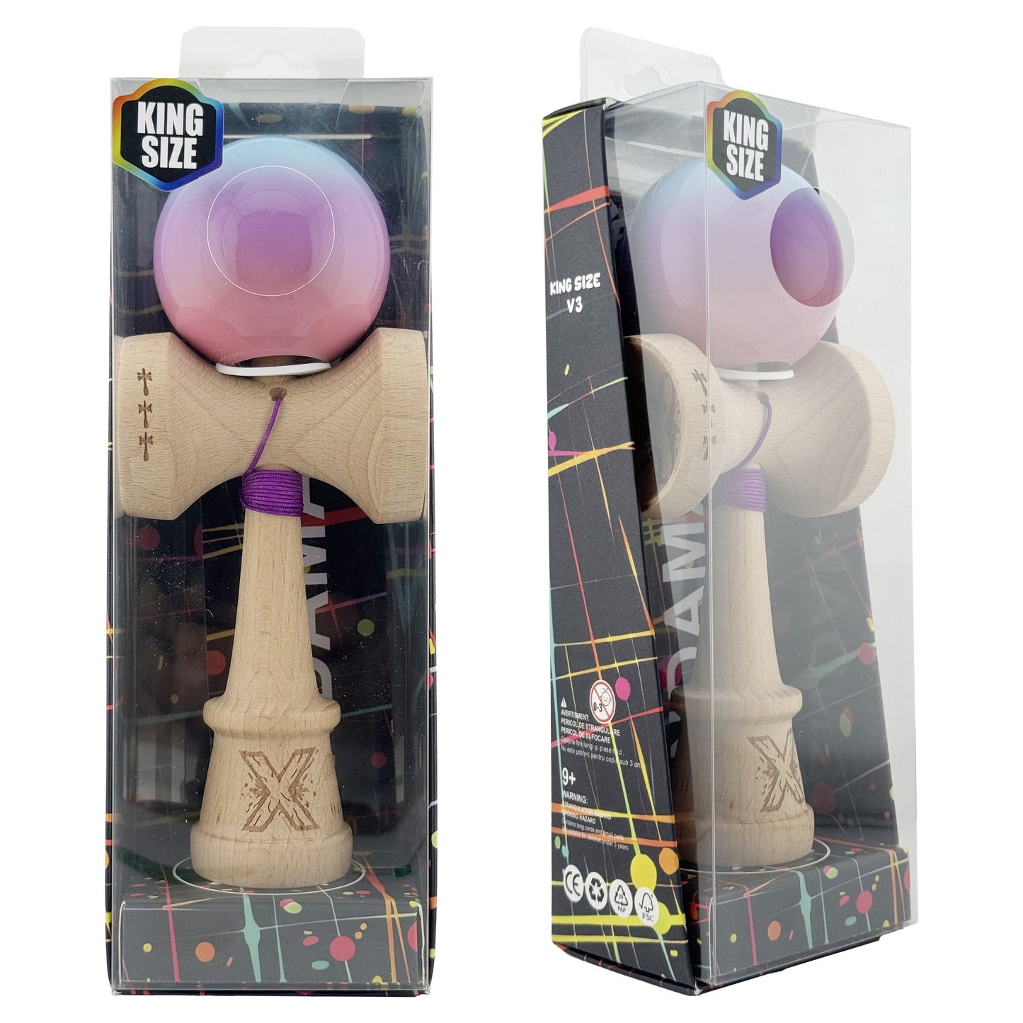 Kendama X Originala, Model V3 Albastru / Mov / Roz in Degrade, Profesionala, Cupe Mari King Size, Super Sticky, Gaura in Baza, Rulment, Ata 62cm