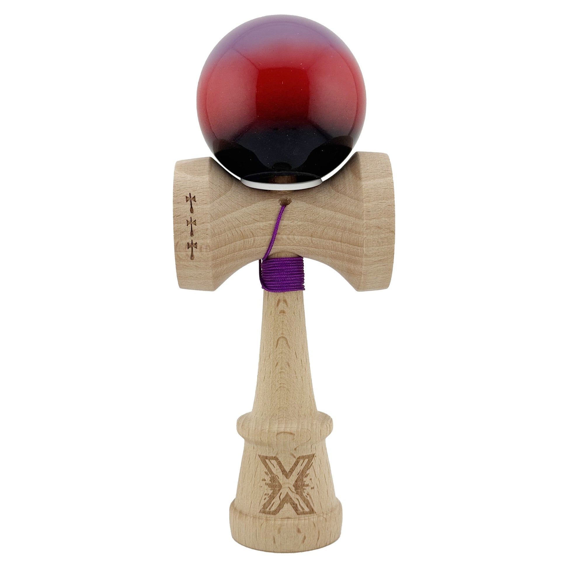 Kendama X Originala, Model V3 Mov / Rosu / Negru in Degrade, Profesionala, Cupe Mari King Size, Super Sticky, Gaura in Baza, Rulment, Ata 62cm