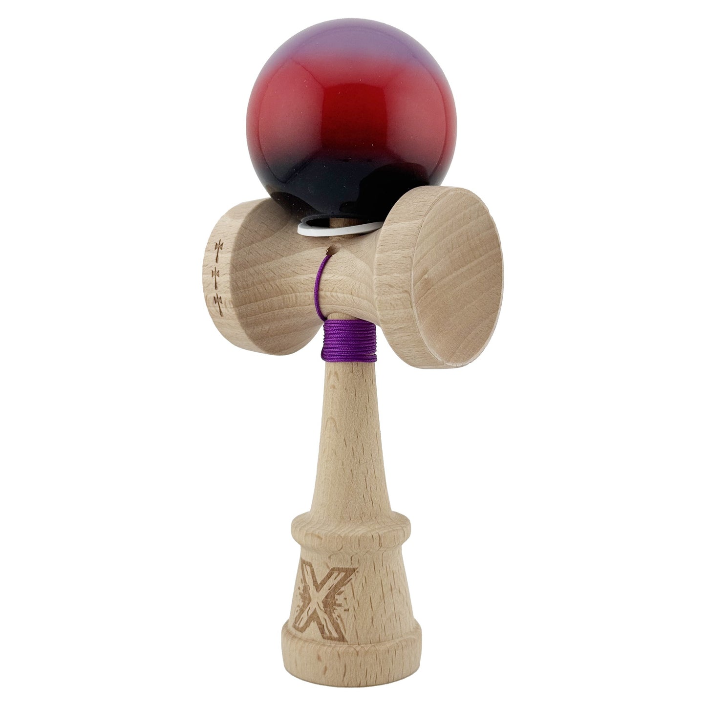 Kendama X Originala, Model V3 Mov / Rosu / Negru in Degrade, Profesionala, Cupe Mari King Size, Super Sticky, Gaura in Baza, Rulment, Ata 62cm