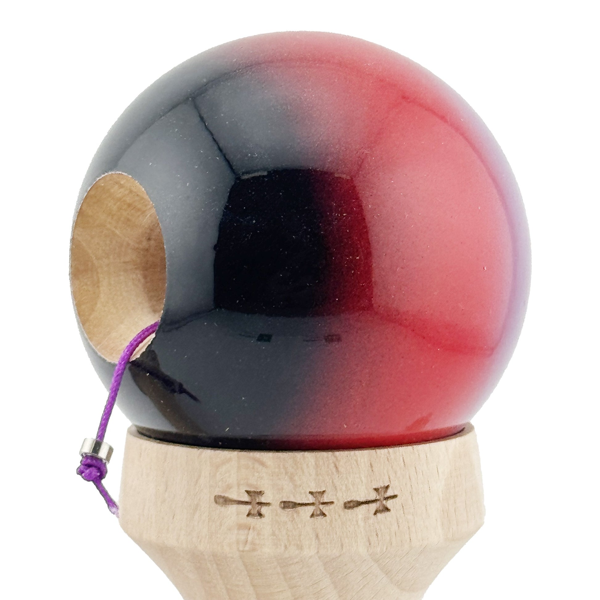 Kendama X Originala, Model V3 Mov / Rosu / Negru in Degrade, Profesionala, Cupe Mari King Size, Super Sticky, Gaura in Baza, Rulment, Ata 62cm