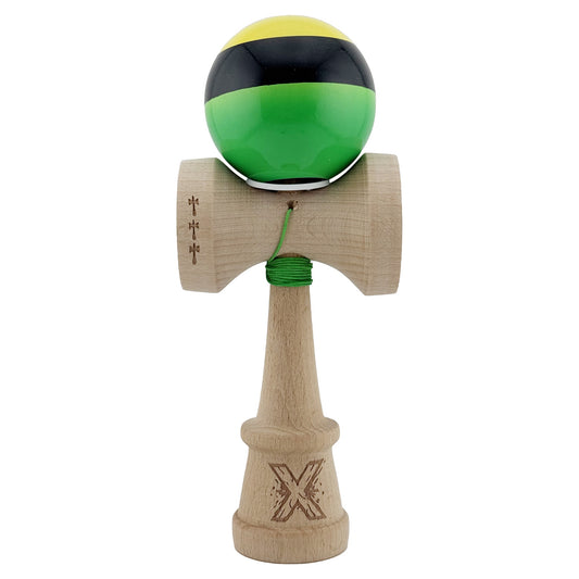 Kendama X Originala, Model V3 Galben / Negru / Verde, Profesionala, Cupe Mari King Size, Super Sticky, Gaura in Baza, Rulment, Ata 62cm