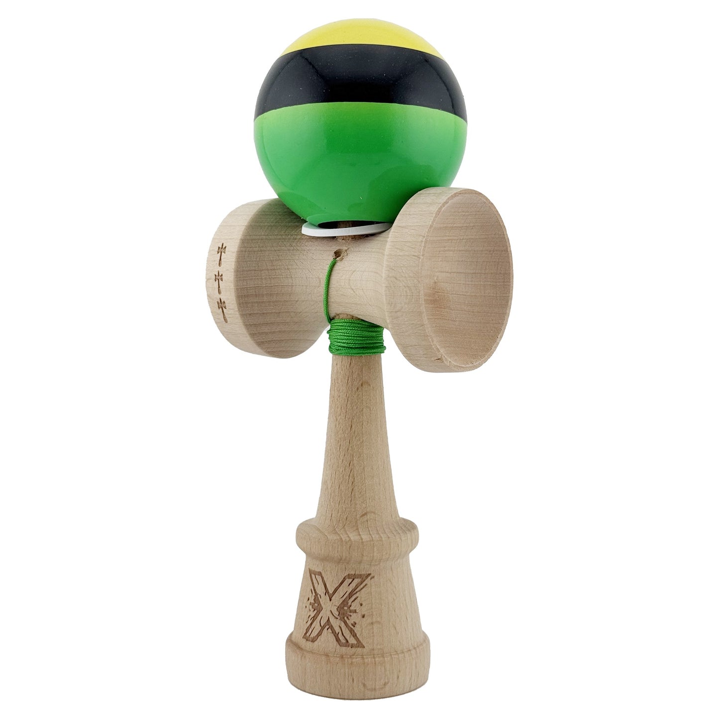 Kendama X Originala, Model V3 Galben / Negru / Verde, Profesionala, Cupe Mari King Size, Super Sticky, Gaura in Baza, Rulment, Ata 62cm
