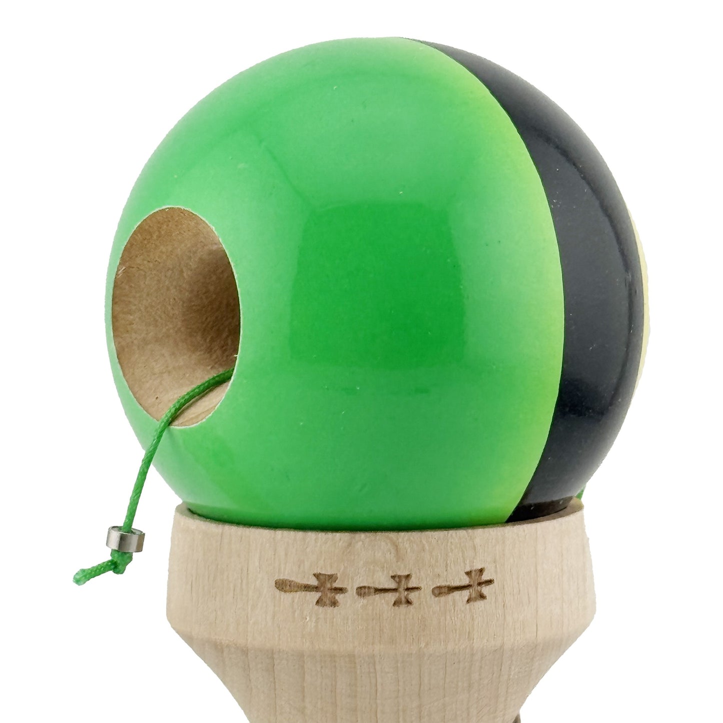 Kendama X Originala, Model V3 Galben / Negru / Verde, Profesionala, Cupe Mari King Size, Super Sticky, Gaura in Baza, Rulment, Ata 62cm