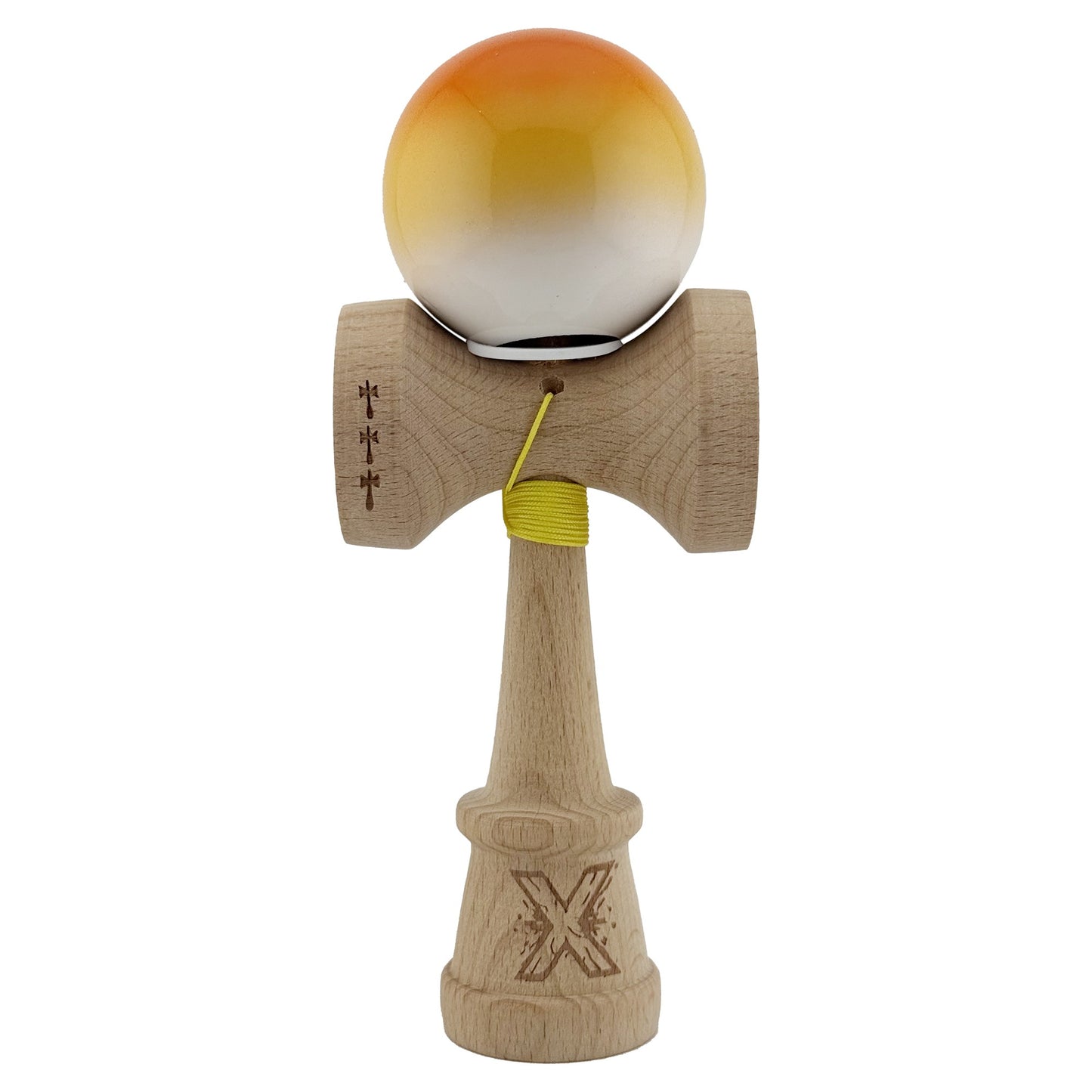 Kendama X Originala, Model V3 Portocaliu / Galben / Alb in Degrade, Profesionala, Cupe Mari King Size, Super Sticky, Gaura in Baza, Rulment, Ata 62cm