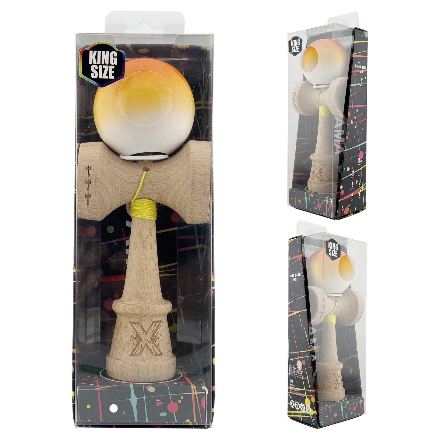Kendama X Originala, Model V3 Portocaliu / Galben / Alb in Degrade, Profesionala, Cupe Mari King Size, Super Sticky, Gaura in Baza, Rulment, Ata 62cm