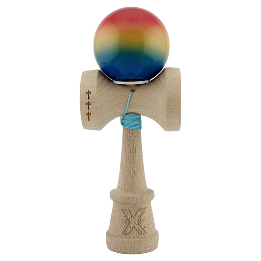 Kendama X Originala, Model V3 Rosu / Galben / Albastru in Degrade, Profesionala, Cupe Mari King Size, Super Sticky, Gaura in Baza, Rulment, Ata 62cm