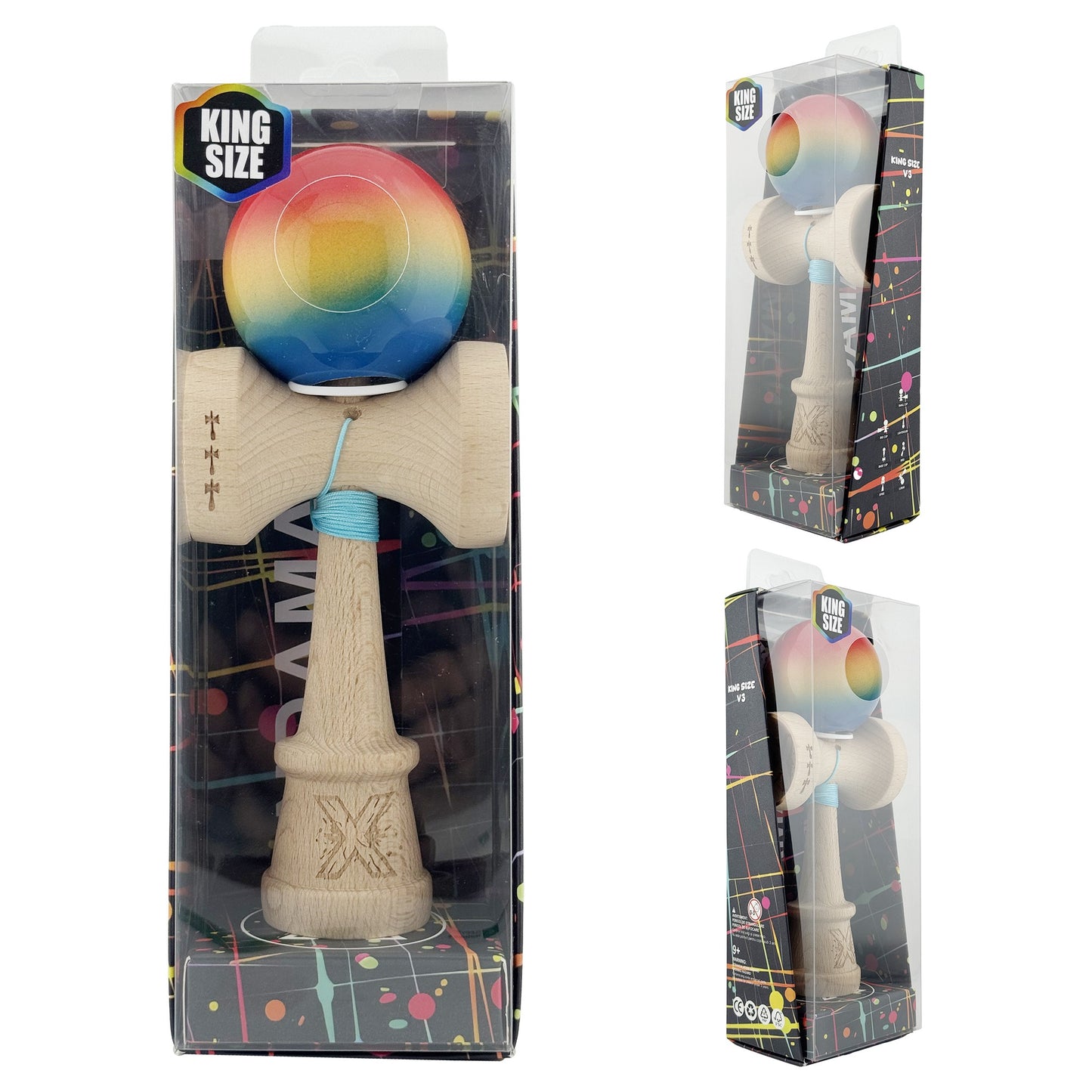 Kendama X Originala, Model V3 Rosu / Galben / Albastru in Degrade, Profesionala, Cupe Mari King Size, Super Sticky, Gaura in Baza, Rulment, Ata 62cm