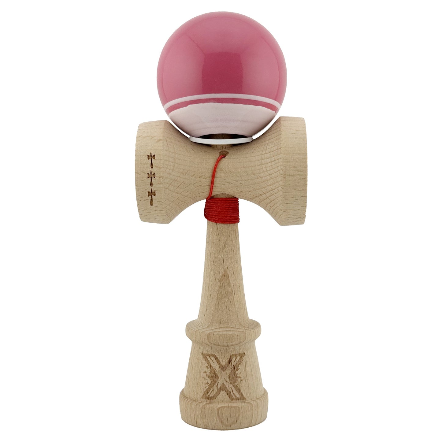 Kendama X Originala, Model V3 Roz / Alb, Profesionala, Cupe Mari King Size, Super Sticky, Gaura in Baza, Rulment, Ata 62cm