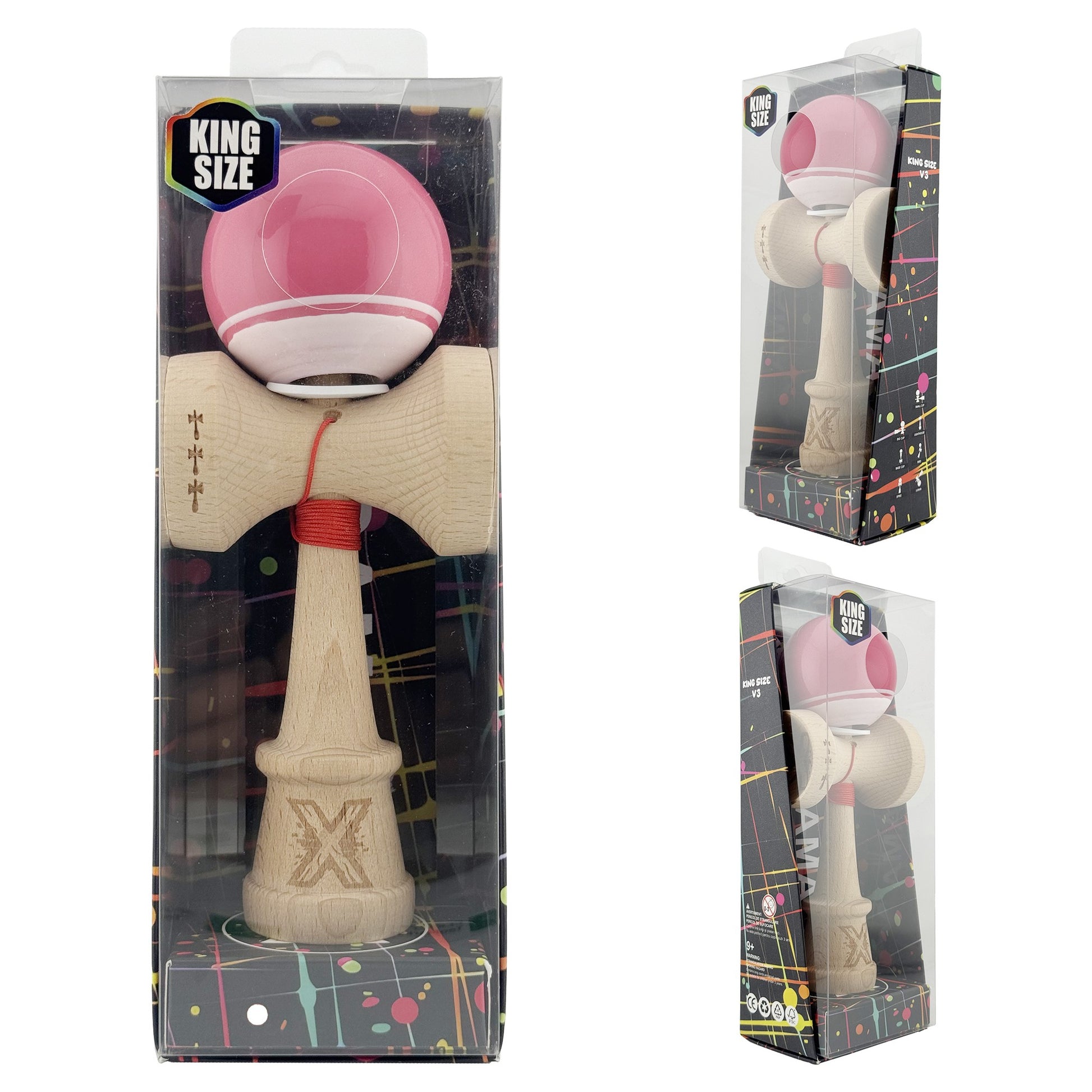 Kendama X Originala, Model V3 Roz / Alb, Profesionala, Cupe Mari King Size, Super Sticky, Gaura in Baza, Rulment, Ata 62cm