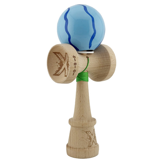 Kendama X Originala, Model V3 Albastru Deschis, Profesionala, Cupe Mari King Size, Super Sticky, Gaura in Baza, Rulment, Ata 62cm