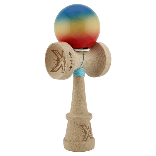 Kendama X Originala, Model V3 Albastru / Galben / Rosu in Degrade, Profesionala, Cupe Mari King Size, Super Sticky, Gaura in Baza, Rulment, Ata 62cm