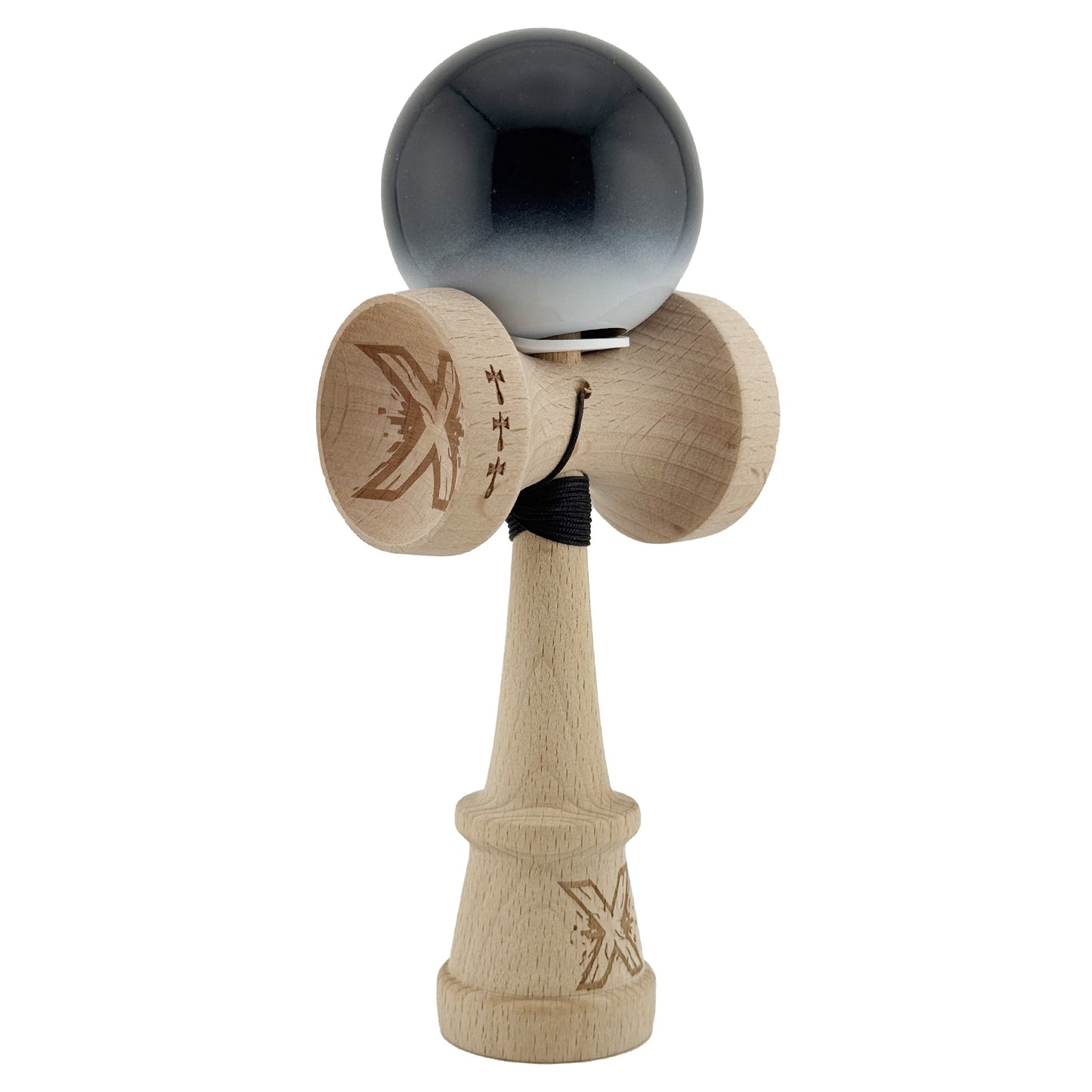Kendama X Originala, Model V3 Negru / Alb in Degrade, Profesionala, Cupe Mari King Size, Super Sticky, Gaura in Baza, Rulment, Ata 62cm