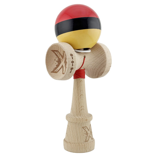 Kendama X Originala, Model V3 Rosu / Negru / Galben, Profesionala, Cupe Mari King Size, Super Sticky, Gaura in Baza, Rulment, Ata 62cm