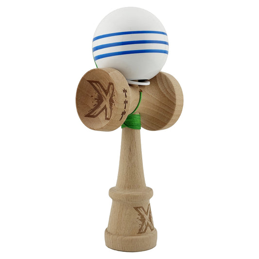 Kendama X Originala, Model V3 Alb / Albastru, Profesionala, Cupe Mari King Size, Super Sticky, Gaura in Baza, Rulment, Ata 62cm