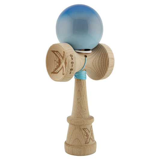 Kendama X Originala, Model V3 Albastru / Gri / Bleu in Degrade, Profesionala, Cupe Mari King Size, Super Sticky, Gaura in Baza, Rulment, Ata 62cm