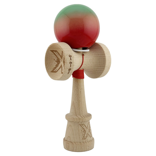 Kendama X Originala, Model V3 Verde / Portocaliu / Rosu in Degrade, Profesionala, Cupe Mari King Size, Super Sticky, Gaura in Baza, Rulment, Ata 62cm