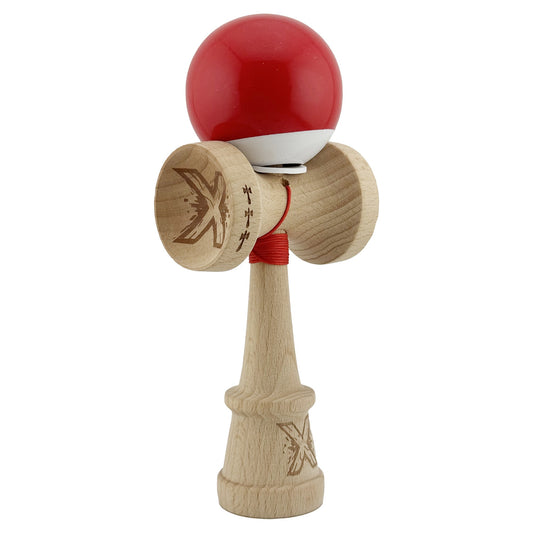 Kendama X Originala, Model V3 Rosu / Alb, Profesionala, Cupe Mari King Size, Super Sticky, Gaura in Baza, Rulment, Ata 62cm