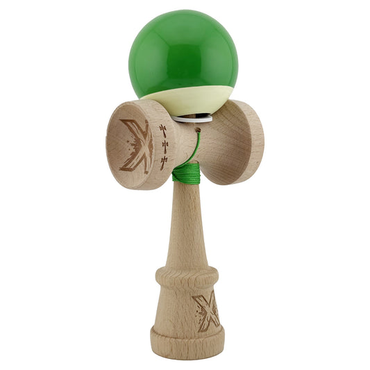 Kendama X Originala, Model V3 Verde / Alb, Profesionala, Cupe Mari King Size, Super Sticky, Gaura in Baza, Rulment, Ata 62cm