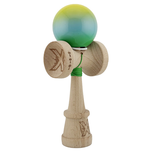 Kendama X Originala, Model V3 Galben / Albastru / Verde in Degrade, Profesionala, Cupe Mari King Size, Super Sticky, Gaura in Baza, Rulment, Ata 62cm