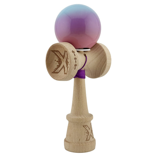 Kendama X Originala, Model V3 Albastru / Mov / Roz in Degrade, Profesionala, Cupe Mari King Size, Super Sticky, Gaura in Baza, Rulment, Ata 62cm