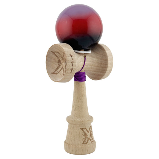 Kendama X Originala, Model V3 Mov / Rosu / Negru in Degrade, Profesionala, Cupe Mari King Size, Super Sticky, Gaura in Baza, Rulment, Ata 62cm