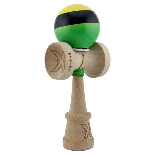 Kendama X Originala, Model V3 Galben / Negru / Verde, Profesionala, Cupe Mari King Size, Super Sticky, Gaura in Baza, Rulment, Ata 62cm