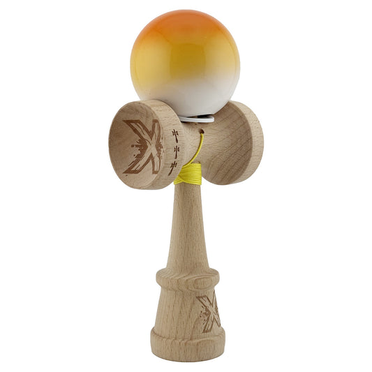Kendama X Originala, Model V3 Portocaliu / Galben / Alb in Degrade, Profesionala, Cupe Mari King Size, Super Sticky, Gaura in Baza, Rulment, Ata 62cm