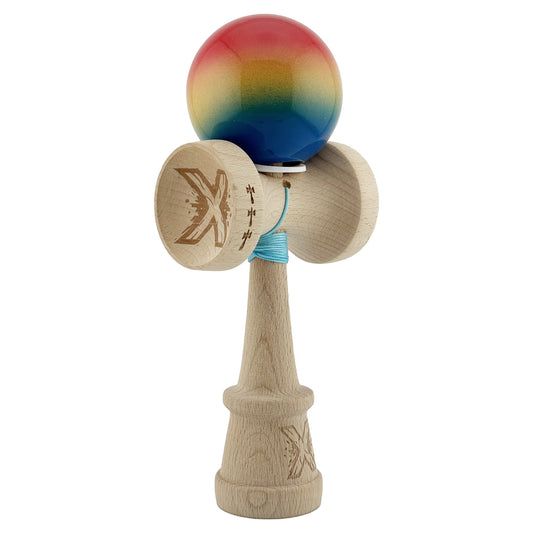 Kendama X Originala, Model V3 Rosu / Galben / Albastru in Degrade, Profesionala, Cupe Mari King Size, Super Sticky, Gaura in Baza, Rulment, Ata 62cm
