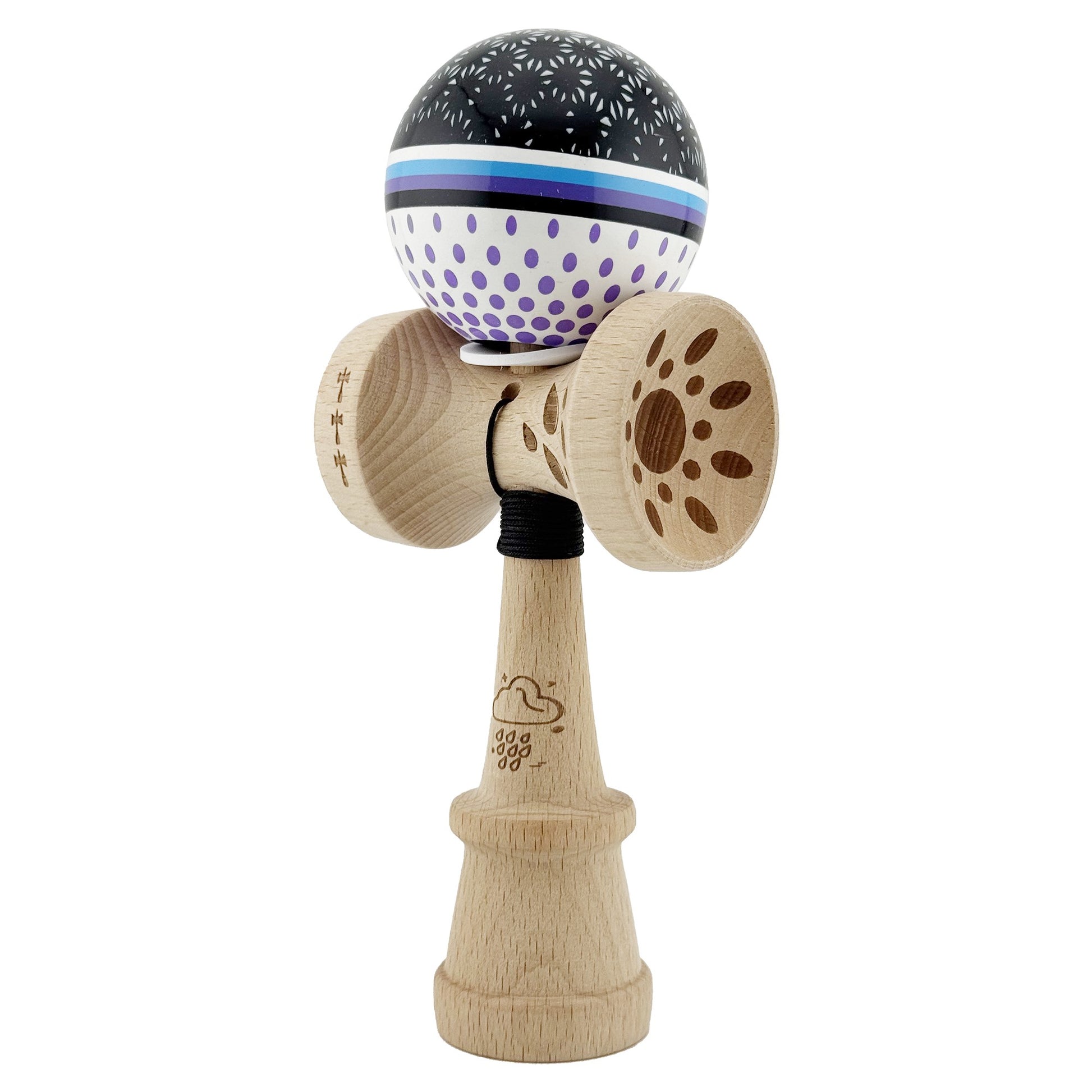 Kendama X Raindrops Originala, Model V3 Alb / Negru / Mov, Profesionala, Cupe Mari King Size, Super Sticky, Gaura in Baza, Rulment, Ata 62cm