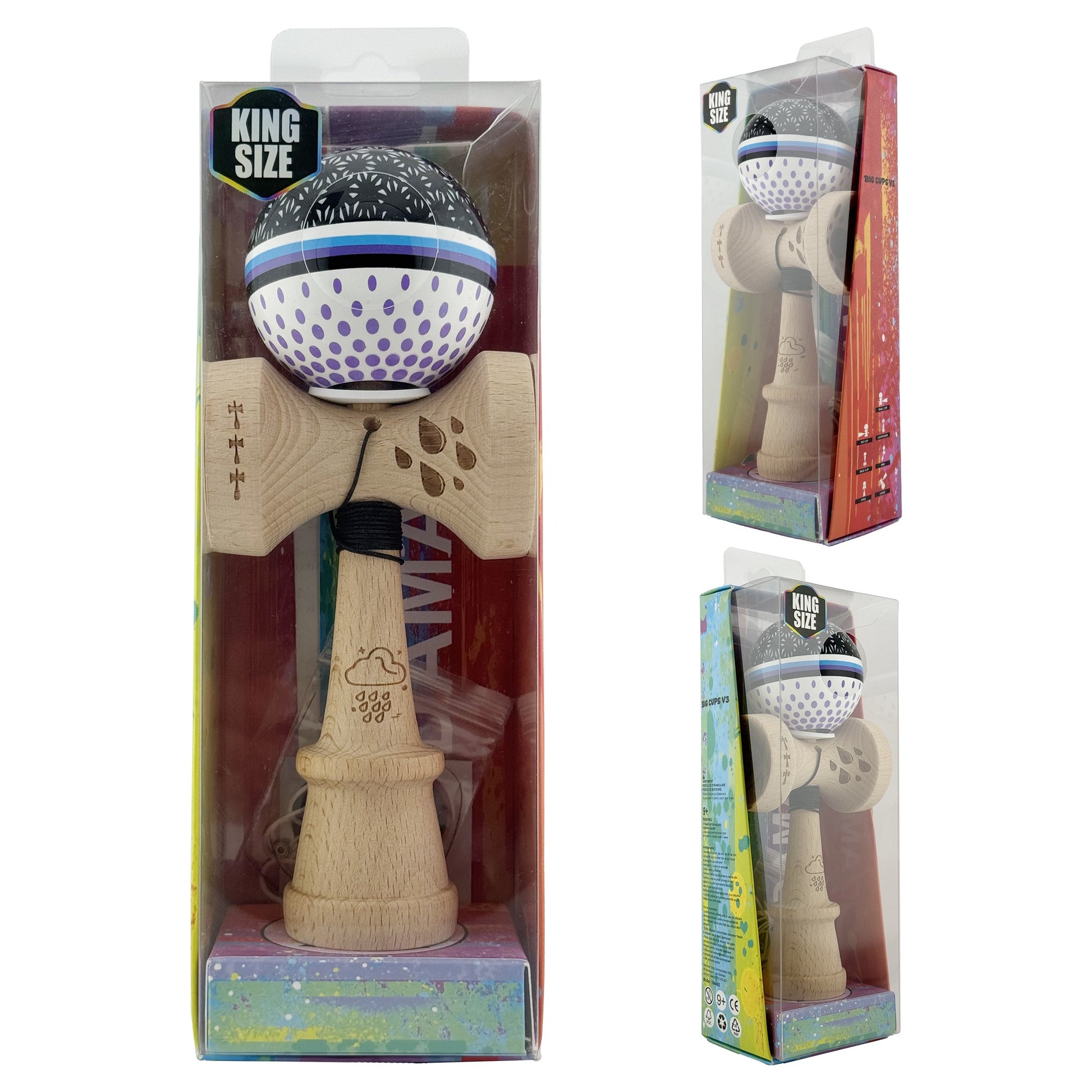 Kendama X Raindrops Originala, Model V3 Alb / Negru / Mov, Profesionala, Cupe Mari King Size, Super Sticky, Gaura in Baza, Rulment, Ata 62cm