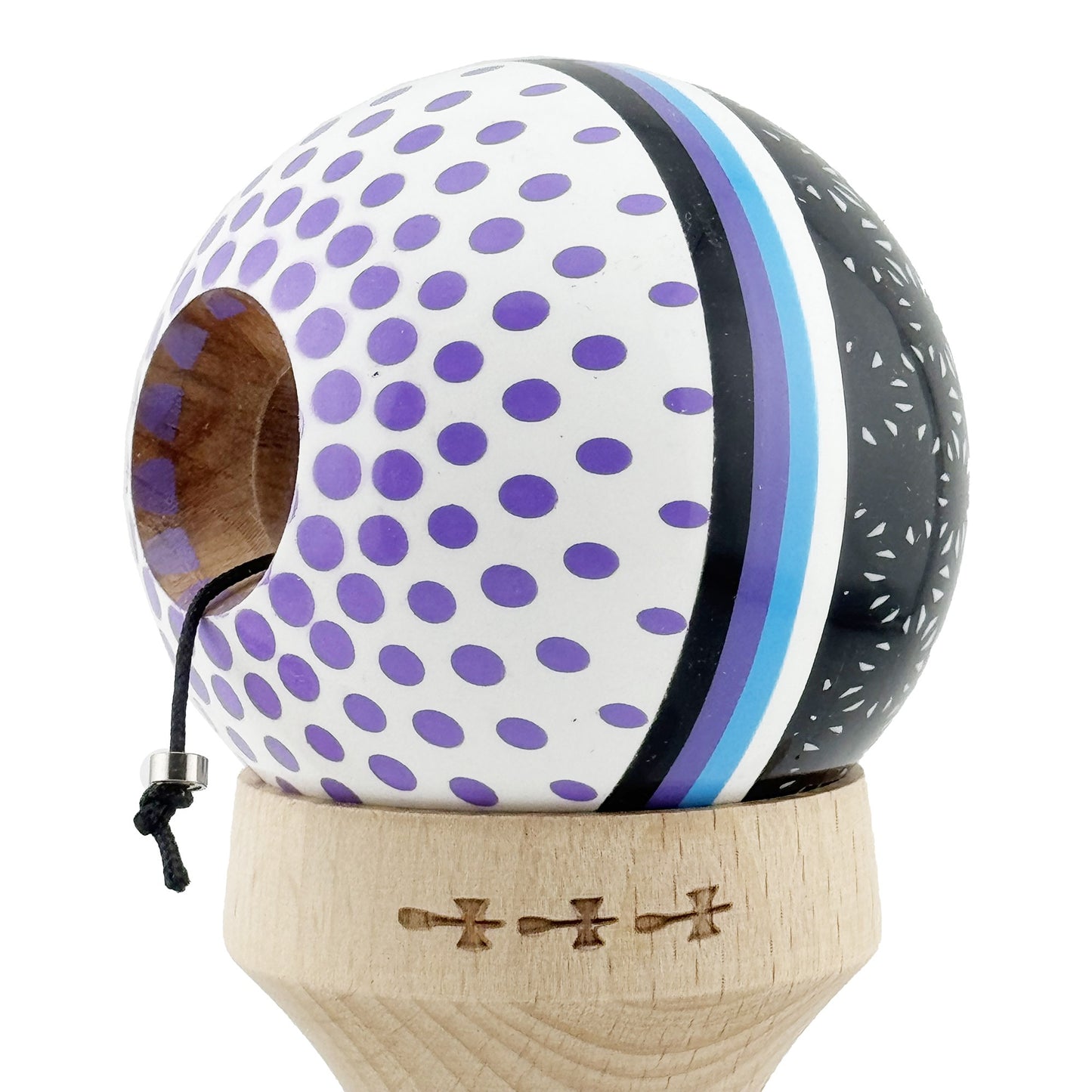 Kendama X Raindrops Originala, Model V3 Alb / Negru / Mov, Profesionala, Cupe Mari King Size, Super Sticky, Gaura in Baza, Rulment, Ata 62cm