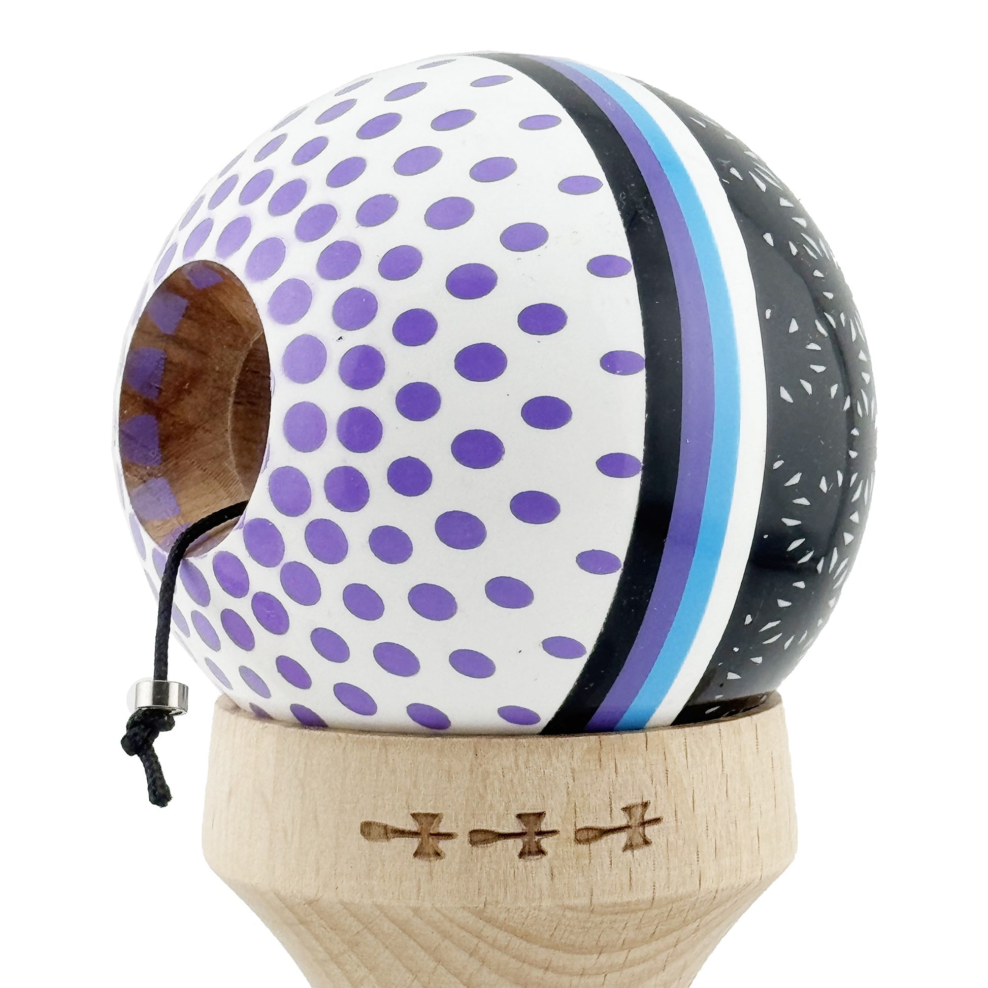 Kendama X Raindrops Originala, Model V3 Alb / Negru / Mov, Profesionala, Cupe Mari King Size, Super Sticky, Gaura in Baza, Rulment, Ata 62cm