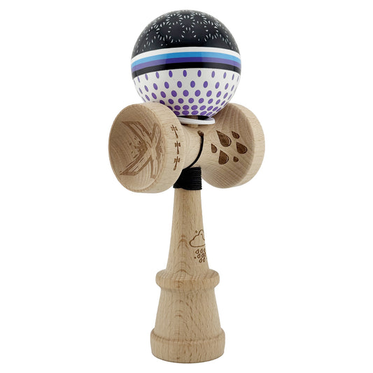 Kendama X Raindrops Originala, Model V3 Alb / Negru / Mov, Profesionala, Cupe Mari King Size, Super Sticky, Gaura in Baza, Rulment, Ata 62cm