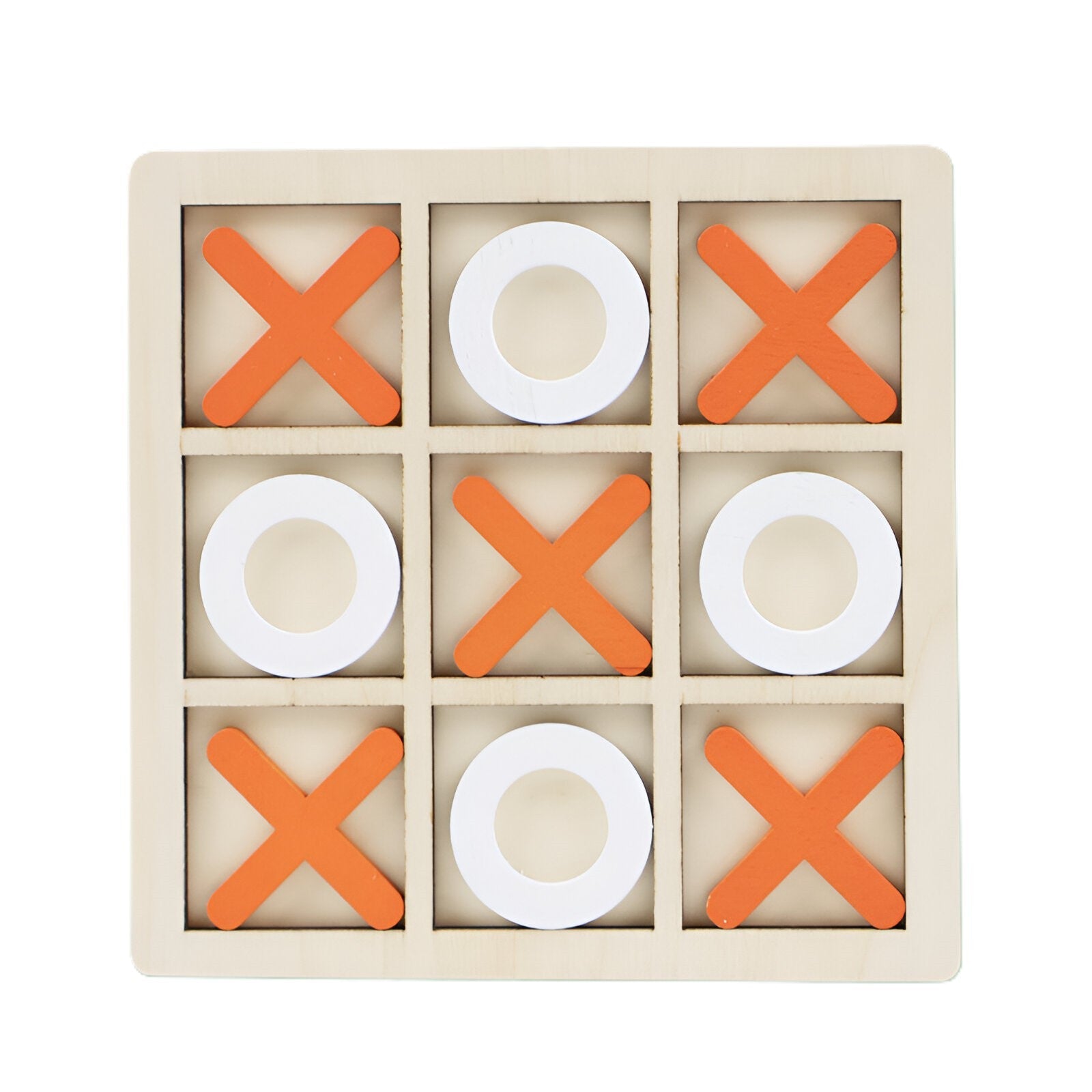 Jucarie din lemn Tic Tac Toe tip Montessori, Berbis, Educativa, Interactiva, X si O, 9 Piese, 14.3x14.3 cm, Portocaliu Alb