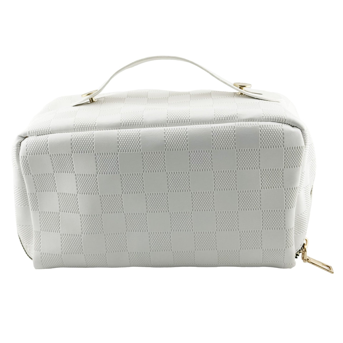 Geanta de Voiaj pentru Cosmetice, Organizator Impermeabil cu 4 Compartimente si Fermoar, Piele Ecologica, 22 x 13 x 12.5 cm, Model Carouri, Alb