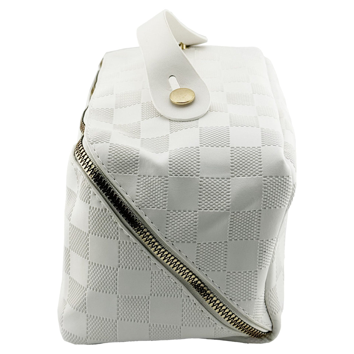 Geanta de Voiaj pentru Cosmetice, Organizator Impermeabil cu 4 Compartimente si Fermoar, Piele Ecologica, 22 x 13 x 12.5 cm, Model Carouri, Alb