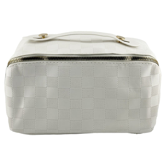 Geanta de Voiaj pentru Cosmetice, Organizator Impermeabil cu 4 Compartimente si Fermoar, Piele Ecologica, 22 x 13 x 12.5 cm, Model Carouri, Alb