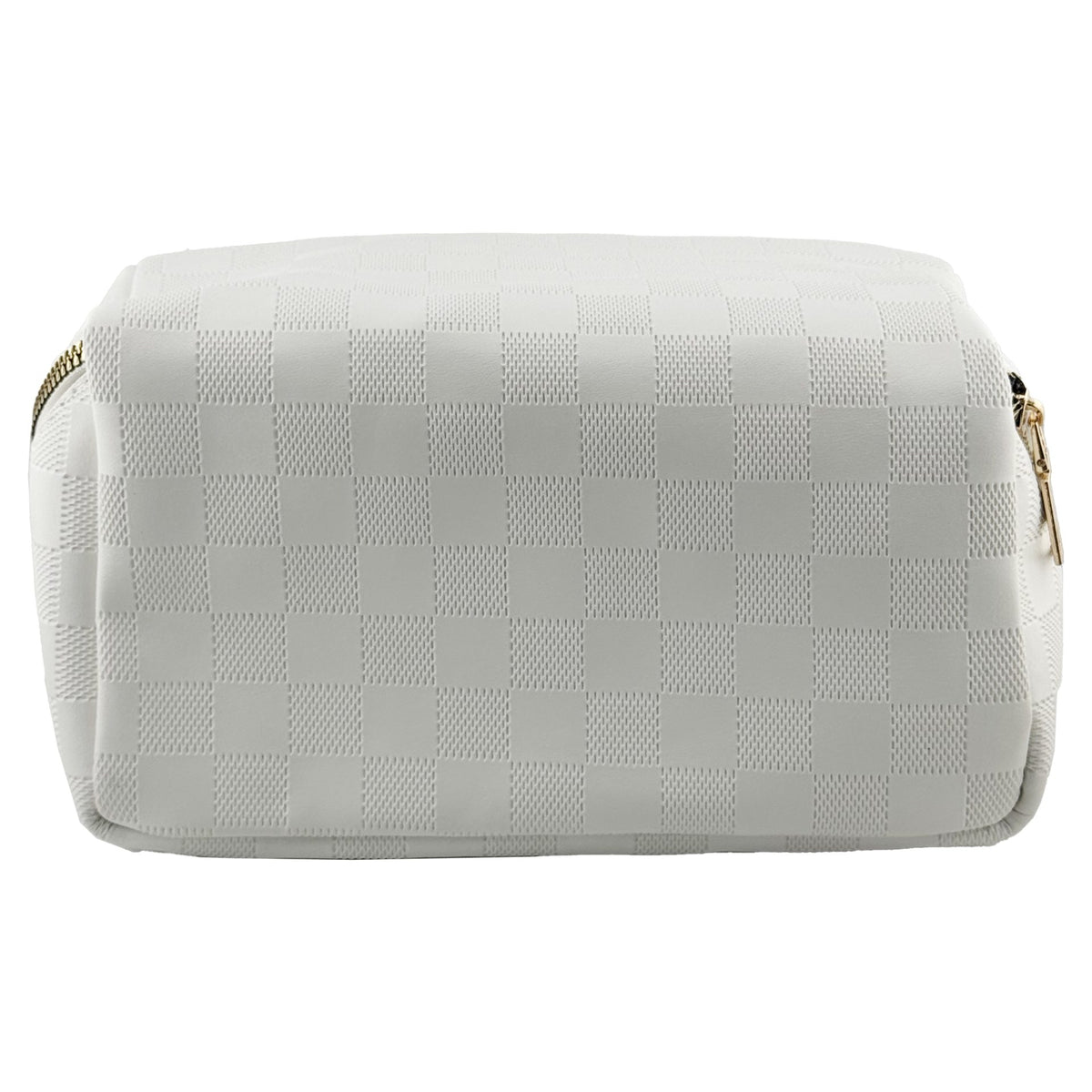 Geanta de Voiaj pentru Cosmetice, Organizator Impermeabil cu 4 Compartimente si Fermoar, Piele Ecologica, 22 x 13 x 12.5 cm, Model Carouri, Alb