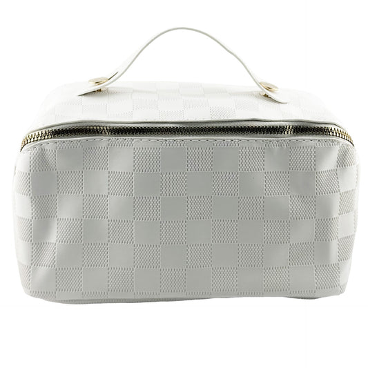 Geanta de Voiaj pentru Cosmetice, Organizator Impermeabil cu 4 Compartimente si Fermoar, Piele Ecologica, 22 x 13 x 12.5 cm, Model Carouri, Alb