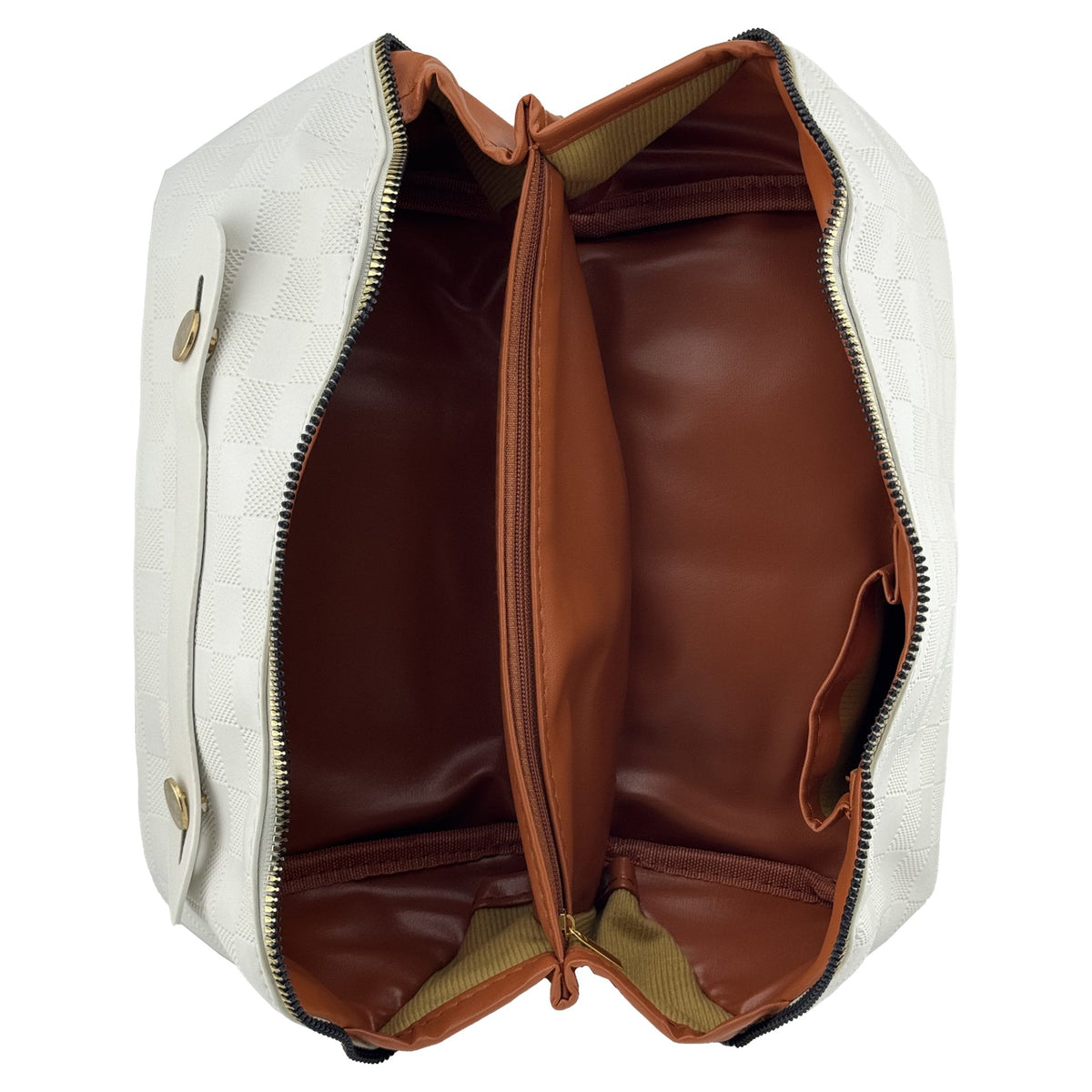 Geanta de Voiaj pentru Cosmetice, Organizator Impermeabil cu 4 Compartimente si Fermoar, Piele Ecologica, 22 x 13 x 12.5 cm, Model Carouri, Alb