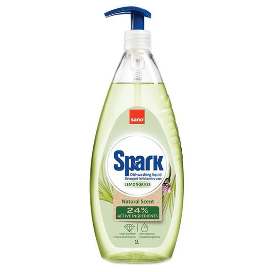 Sano Detergent Lichid Pentru Vase, Spark Lemongrass, Igienizează și Degresează, Formula Concentrată, 1 L