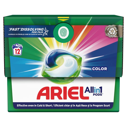Ariel Detergent Capsule All In 1 Pods Color, Curățare Profundă și Protecția Culorilor, Tehnologie Extra Clean, 12 Bucăți