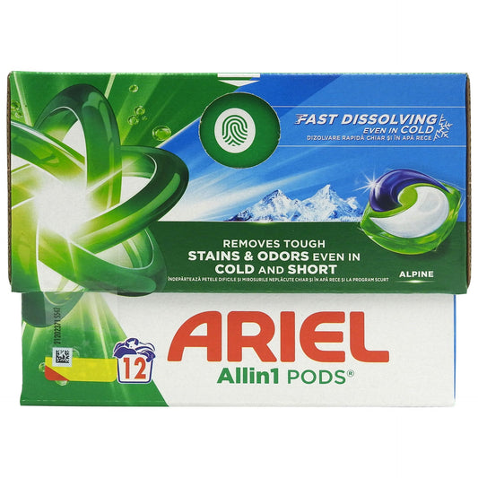 Ariel Detergent Capsule All in 1 Pods, Curățare Profundă și Prospețime Alpine, Tehnologie de Îndepărtare a Petelor, 12 Bucăți