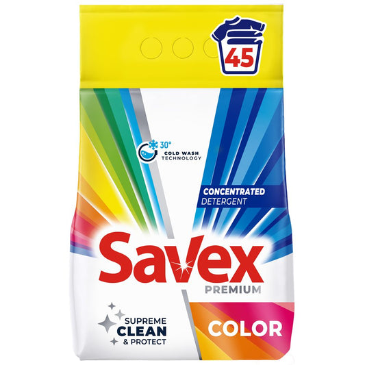 Detergent Pudră pentru Rufe Savex Color, Formulă Automat, Curățare Intensă, 3.6 kg, 45 Spălări