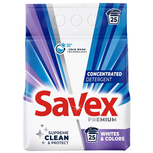 Savex Detergent Pudră pentru Rufe, Automat, Curățare Intensă pentru Haine Albe și Colorate, 20 Spălări, 2 kg