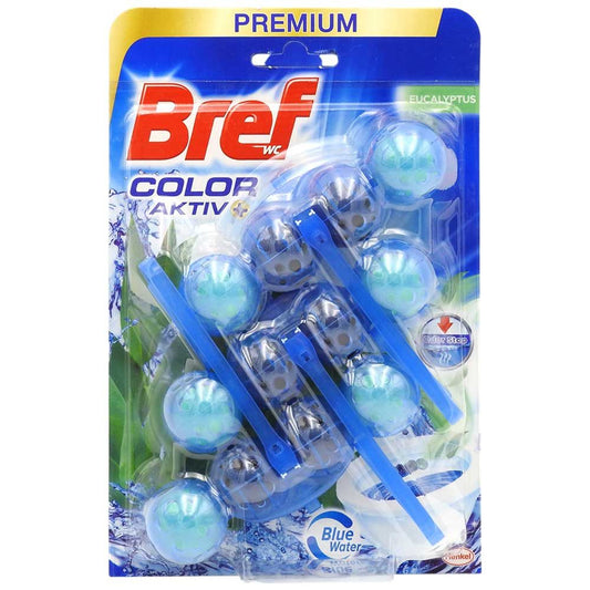 Bref Odorizant WC, Bile Color Aktiv cu Efect de Prospețime, Tehnologie Odor Neutralizer, Parfum de Eucalipt, Set 3 x 50 g