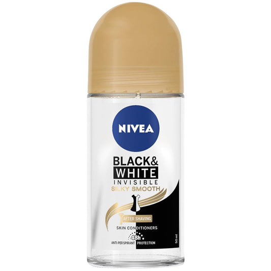 Nivea Antiperspirant Roll-On Invisible for Black and White Silky Smooth, Protectie 48h Impotriva Petelor, Formula Fara Alcool, 50 ml