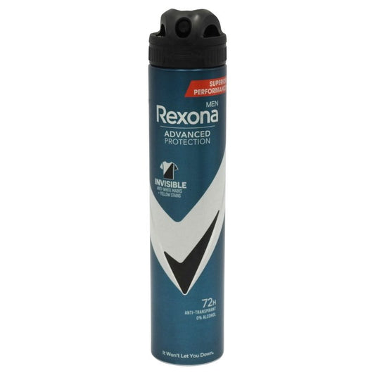 Rexona Men Advanced Protection Invisible, Deodorant Antiperspirant Spray, Tehnologie 72H, Protectie Impotriva Petelor Albe si Galbene, 200 ml