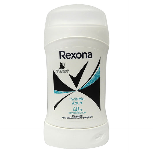 Rexona Invisible Aqua, Antiperspirant Stick Pentru Femei, Protectie Anti-Pete Albe si Galbene, 48h Prospetime, 50 ml
